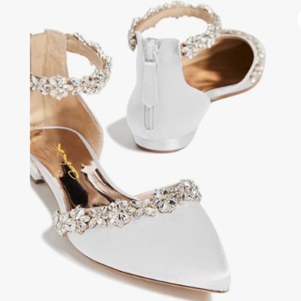 XYD Women Classic Pointed Toe Wedding Flat Sandals Sparkly Rhinestones White